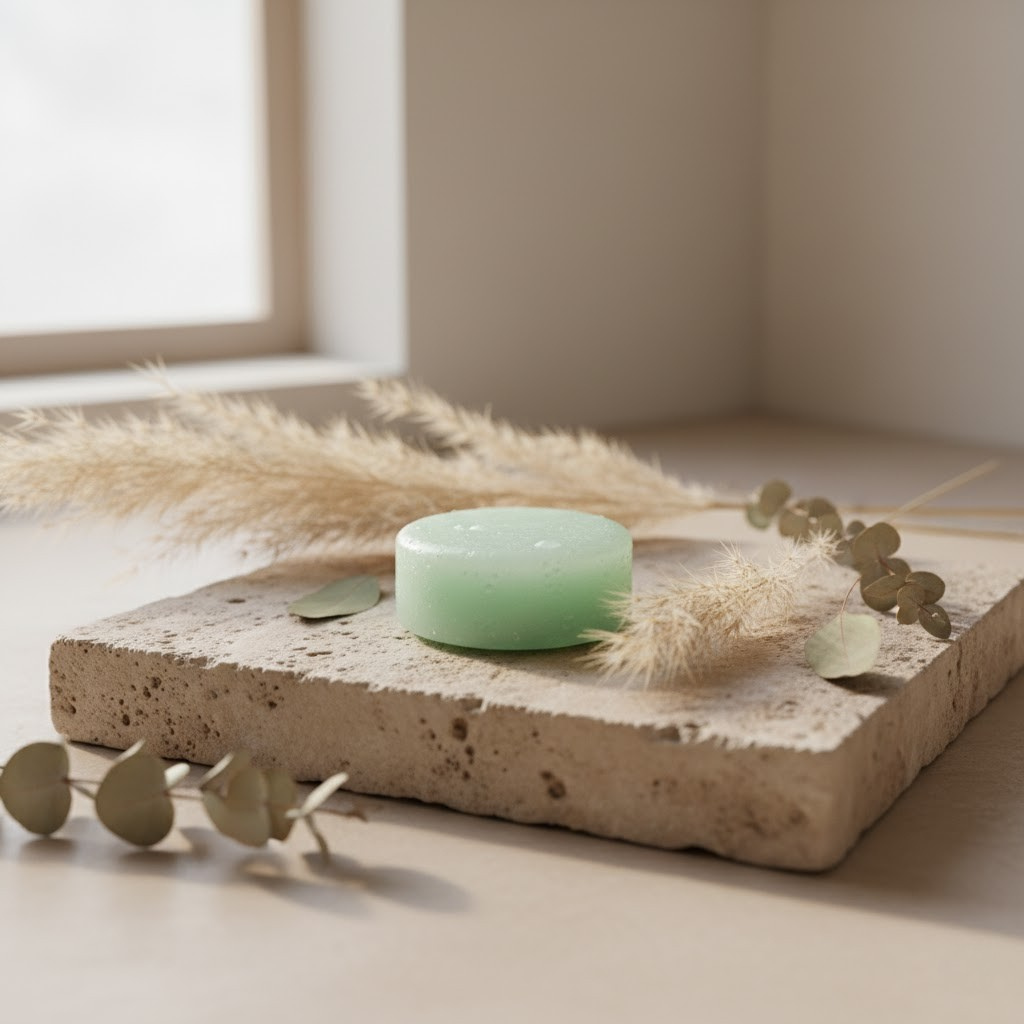 Eucalyptus Mint Conditioner Bar on a stone surface with dried grass and leaves in a softly lit room.