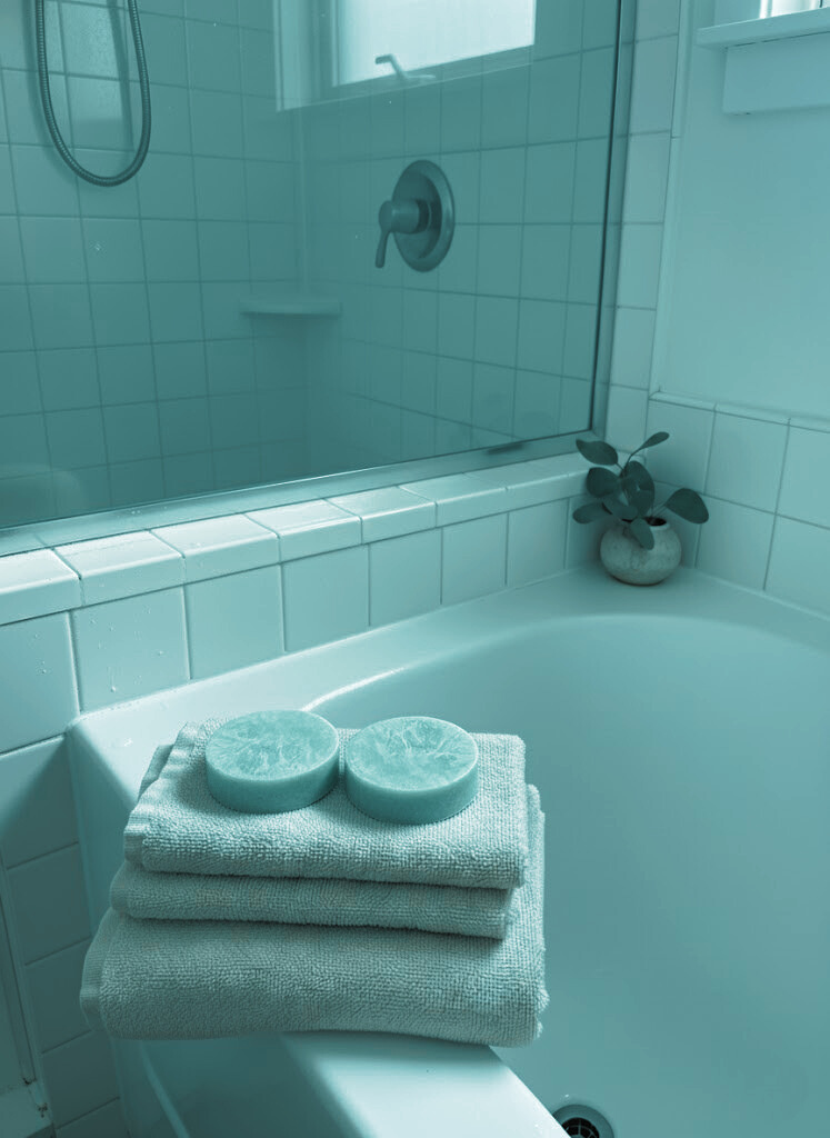 Bathroom with a bathtub, towels, and soap on a tiled wall.