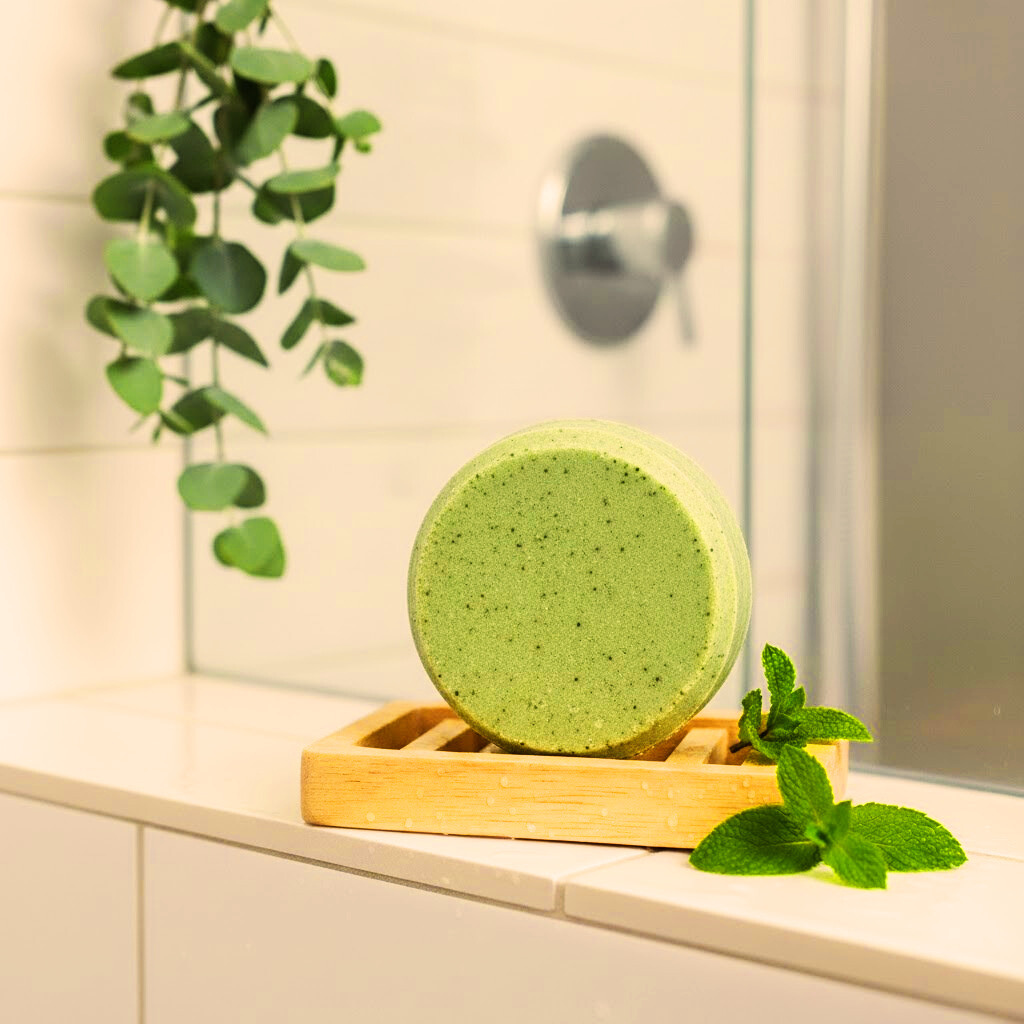 Eucalyptus and Mint Shampoo Bar on a wooden stand with a plant in the background