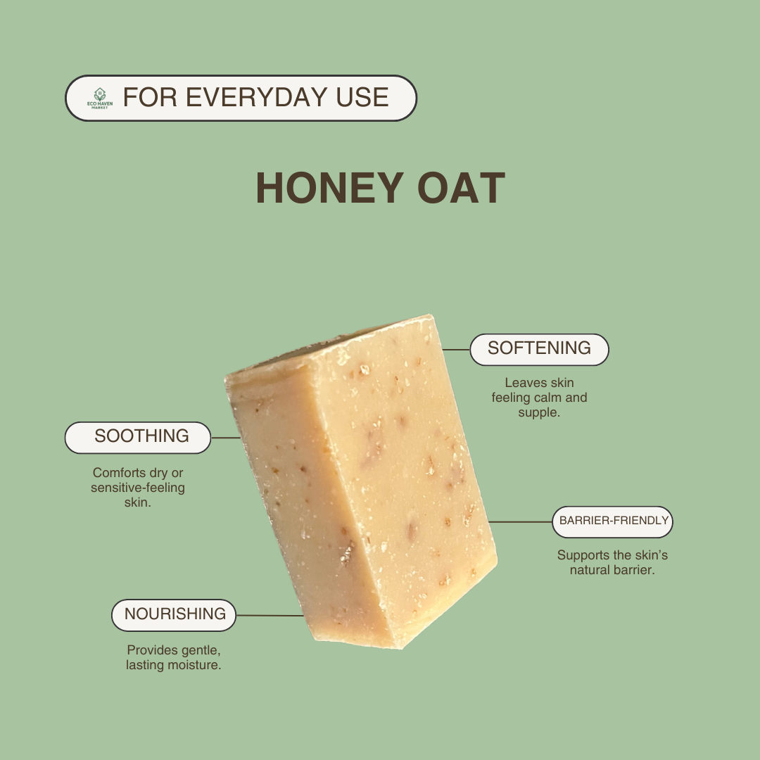 Bar of honey oat soap with benefits listed on a green background