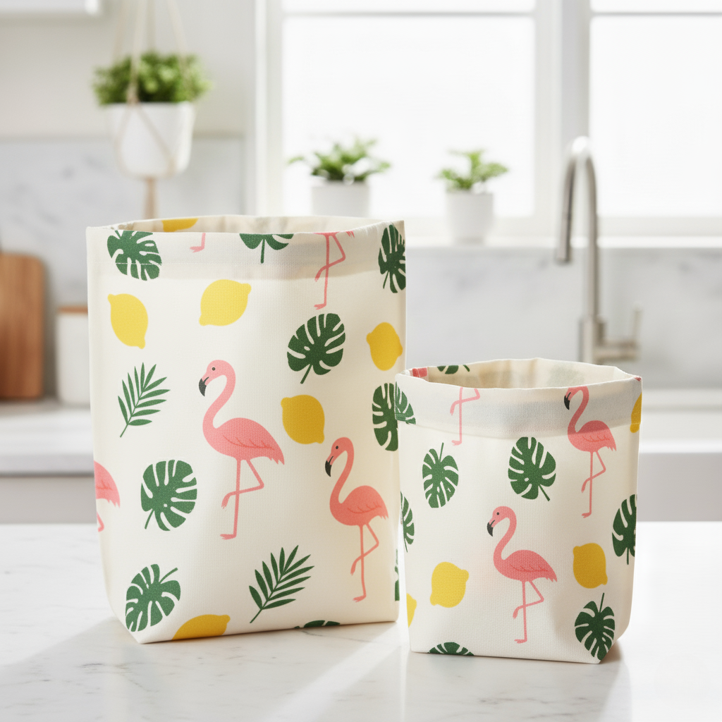 Two fabric storage bins with flamingo and leaf pattern on a white surface.