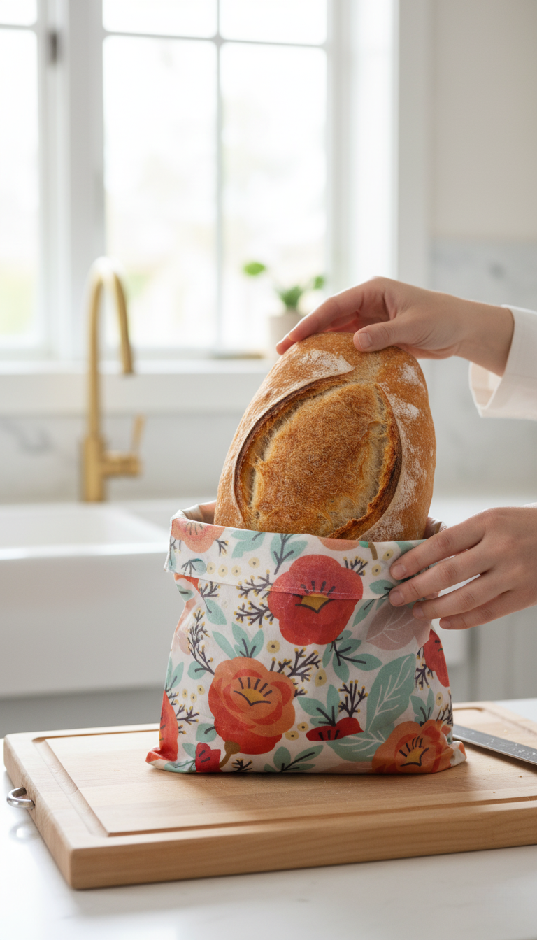 Person holding bread in a floral-patterned bag in a kitchen