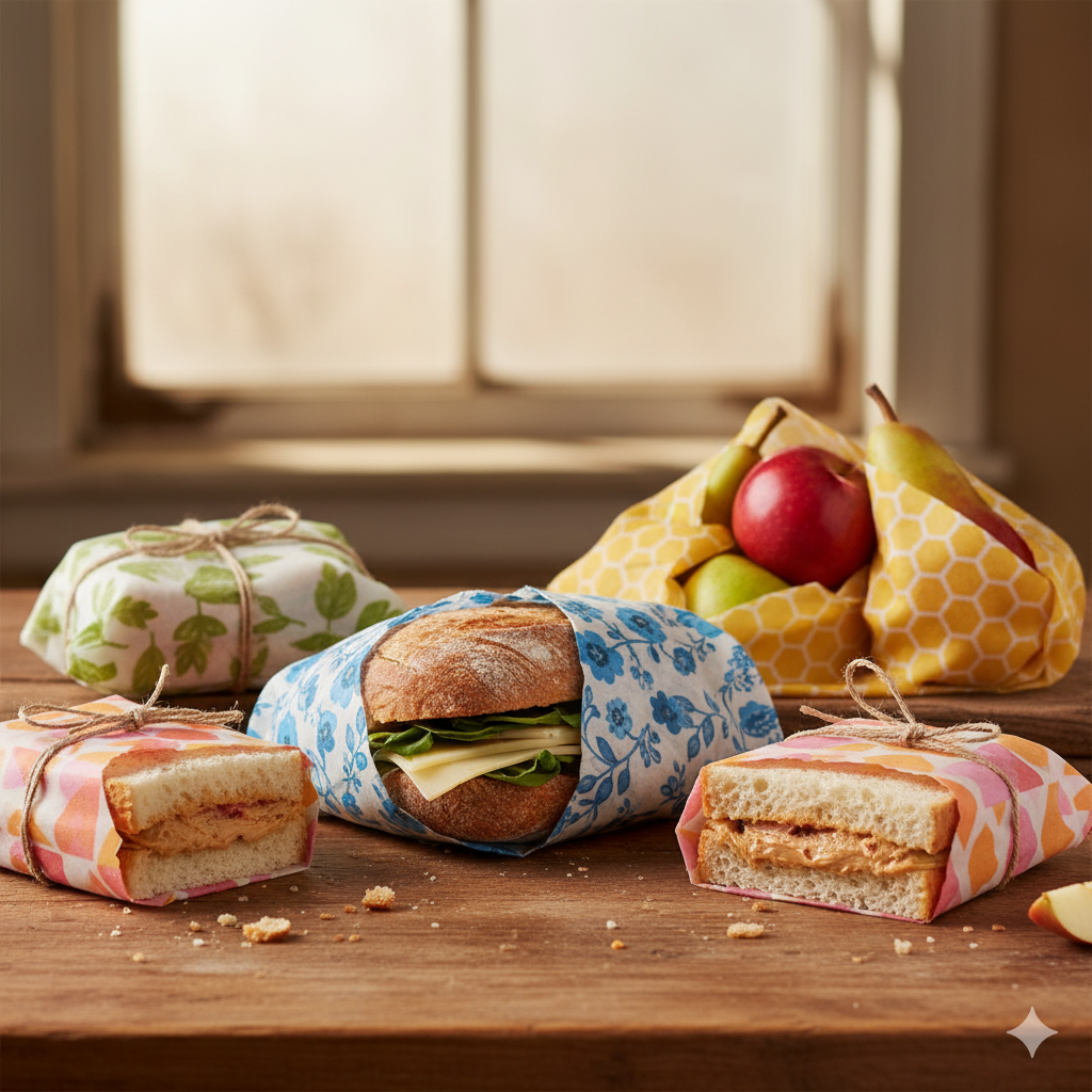 Sandwiches wrapped in colorful paper on a wooden surface with a window in the background