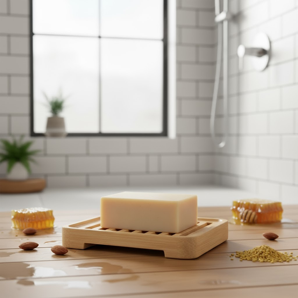 Bar of honey almond soap on a wooden soap dish with a bathroom setting in the background