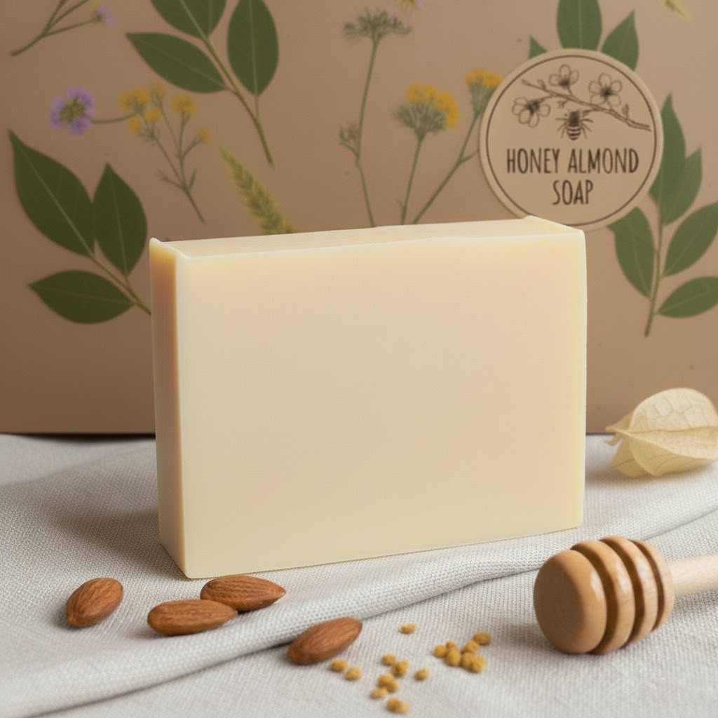 Bar of honey almond soap with almonds and a honey dipper on a natural background