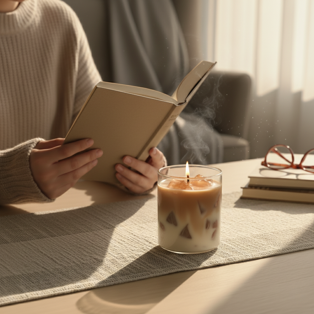 Person reading a book with iced coffee candle and a lit candle on a table.
