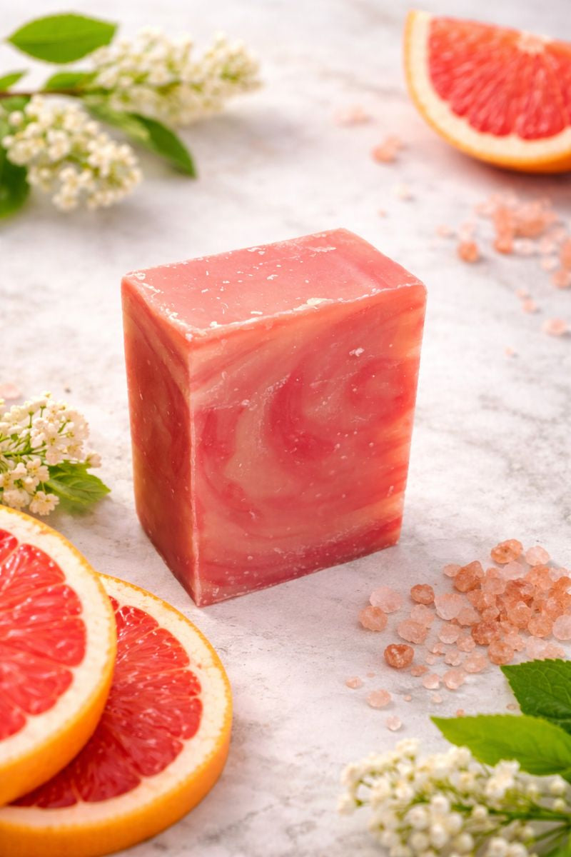 Cherry Blossom bar with grapefruit slices and flowers on a marble surface by Eco Haven