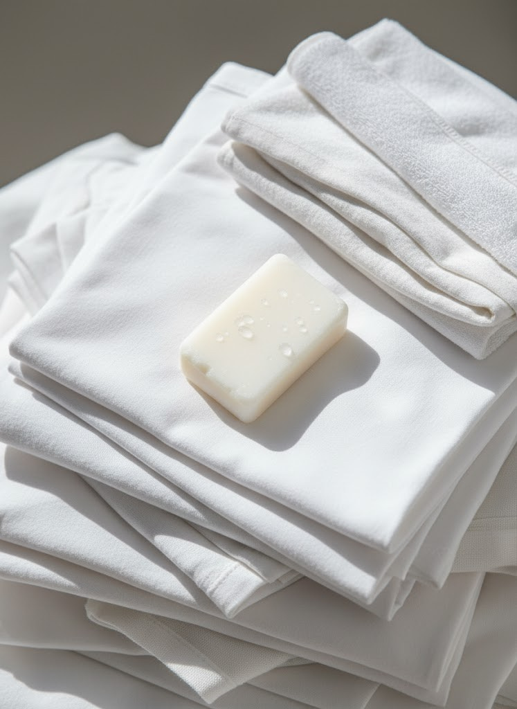 Stack of white towels with a bar of laundry soap on top