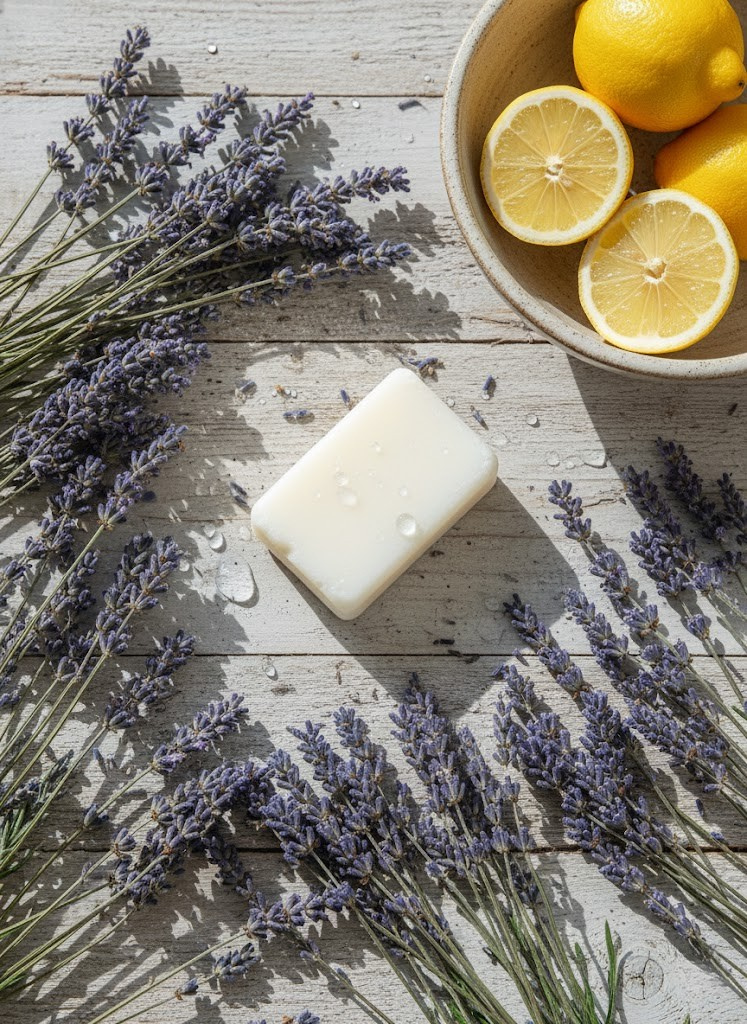 Lemon laundry stain stick soap on a wooden surface with lavender and lemons