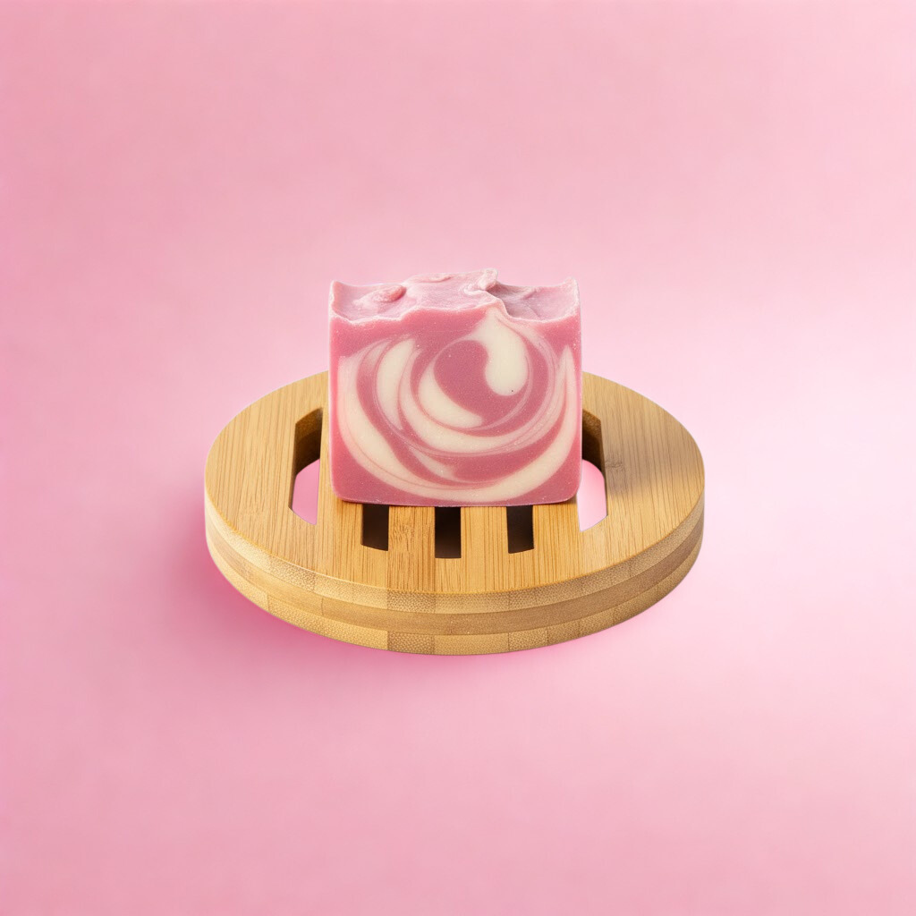 Lavender Orange Soap swirled soap on a wooden soap dish against a pink background