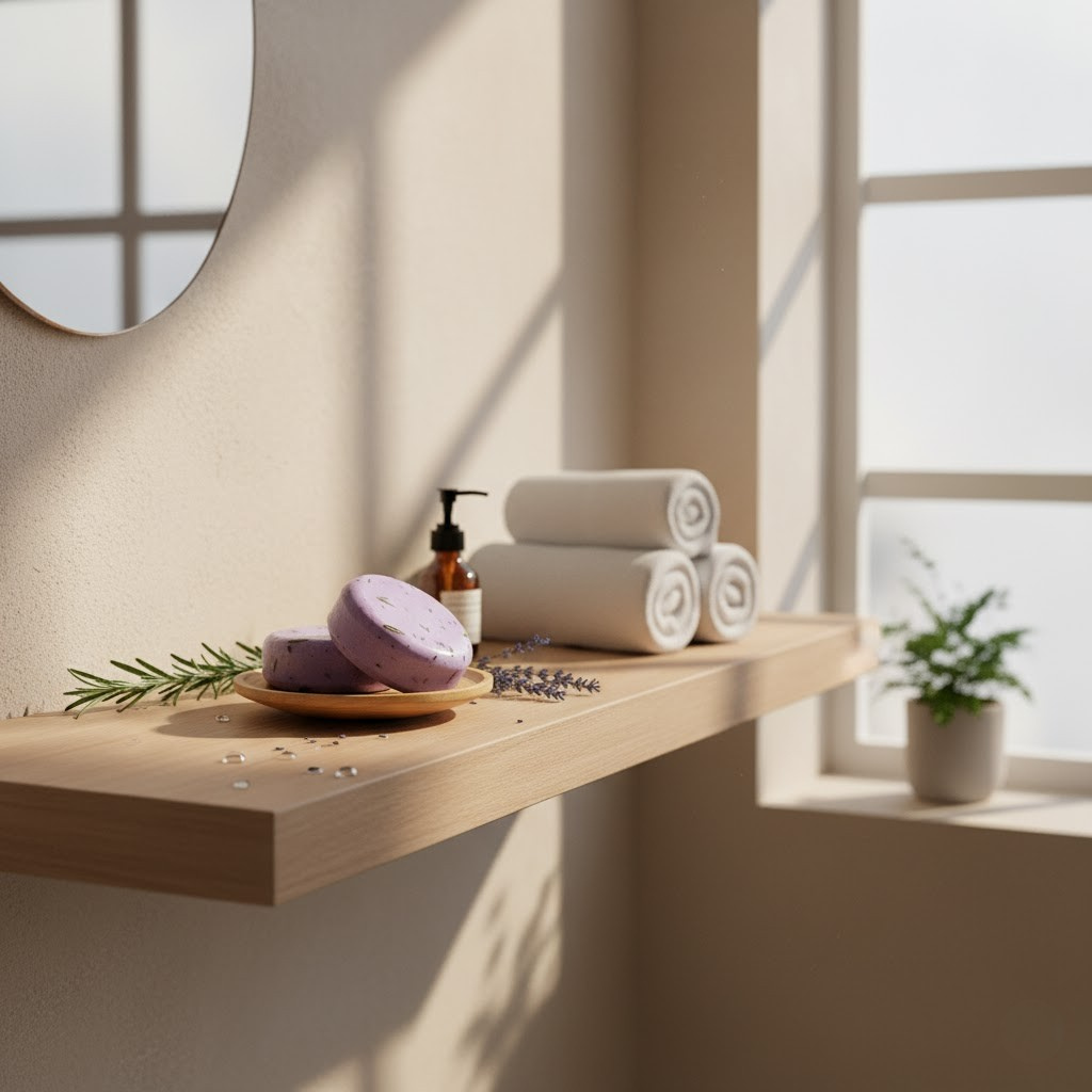 Bathroom shelf with towels, lavender rosemary, and a plant in a bright room.