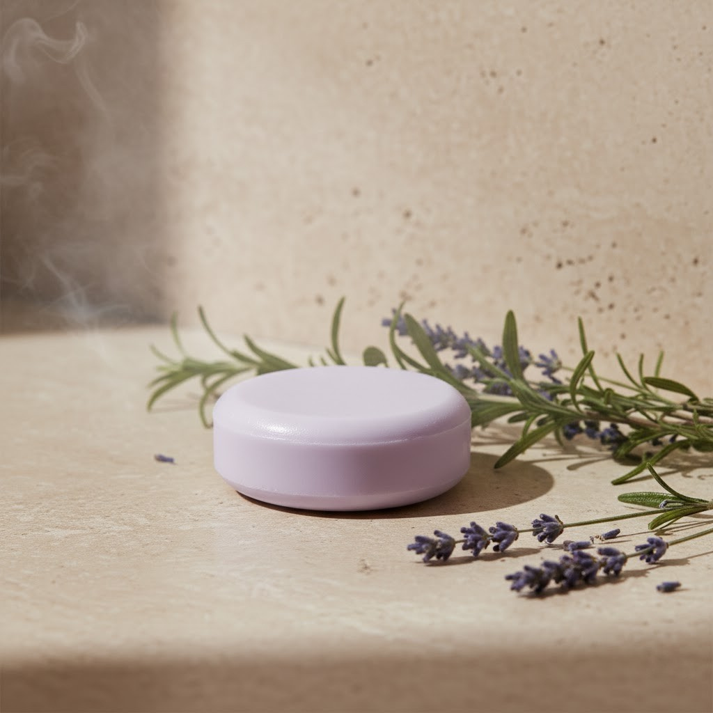 Lavender Rosemary Conditioner Bar with lavender flowers on a beige background