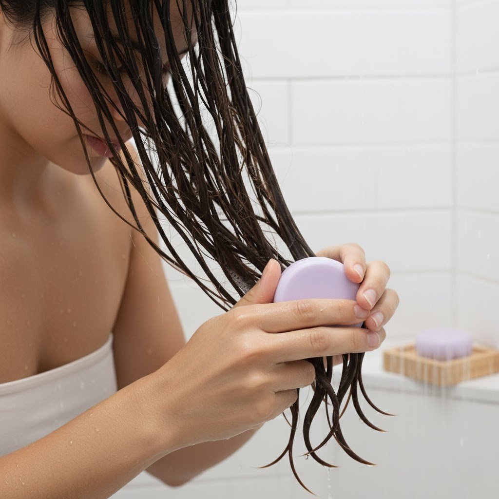 Person using a Lavender Rosemary Conditioner Bar hair care product in a bathroom setting