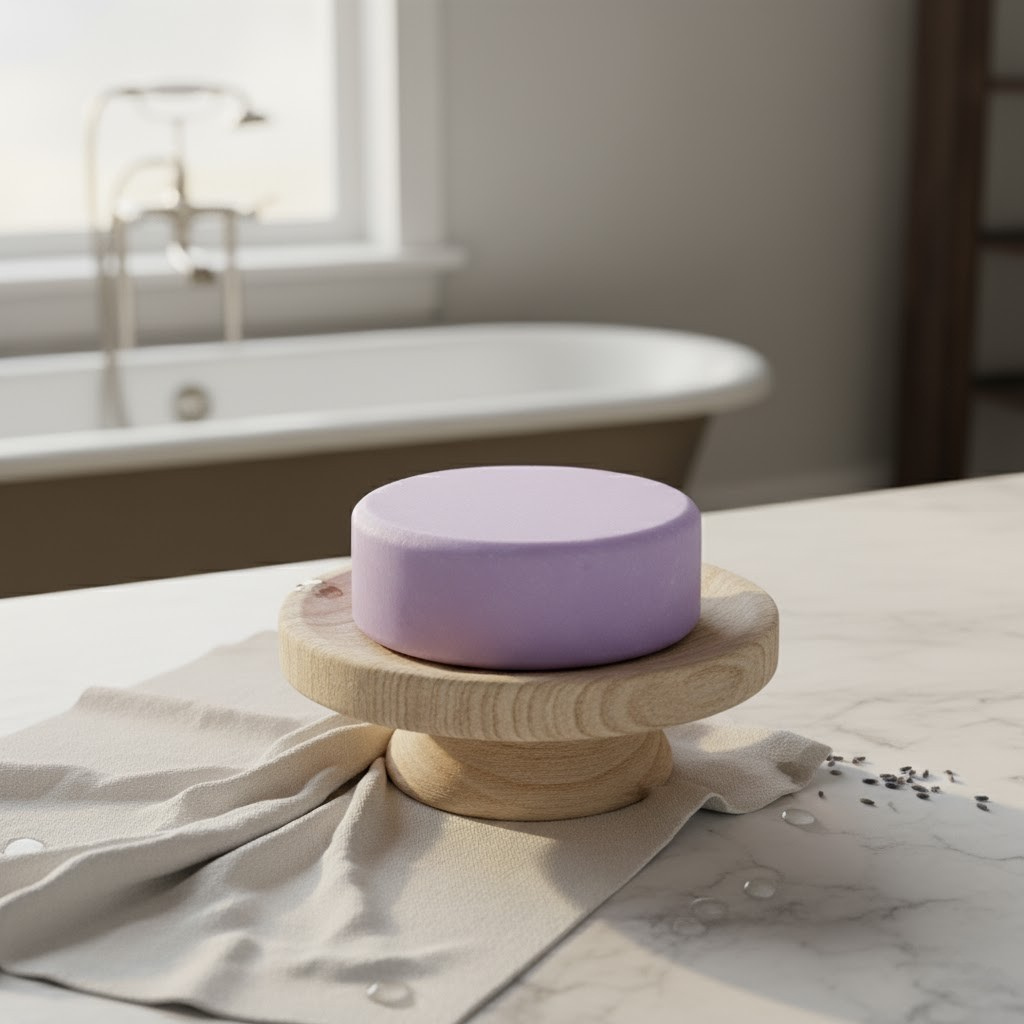 Lavender and Rosemary Shampoo Bar on a wooden stand in a bathroom setting