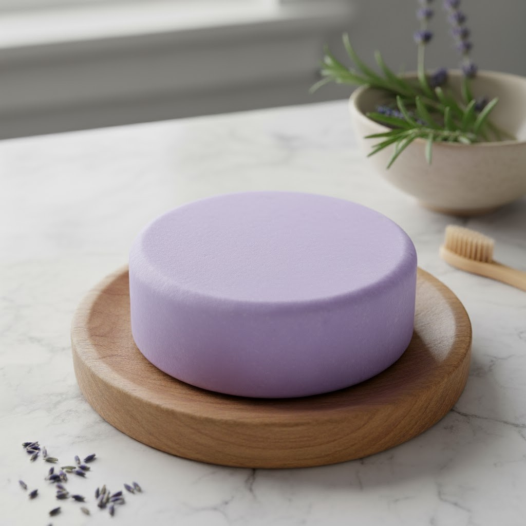 Lavender and Rosemary Shampoo Bar on a wooden soap dish with lavender and a plant in the background