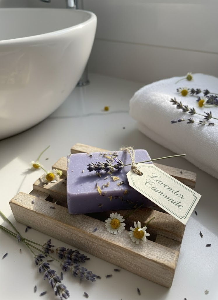 Lavender Chamomile Soap bar with flowers on a wooden tray in a bathroom setting