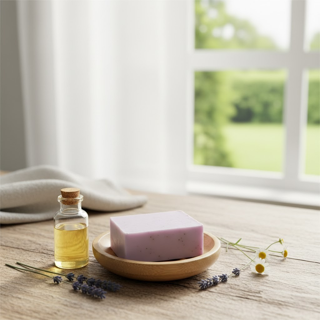 Lavender Chamomile Soap on a wooden surface with a window in the background