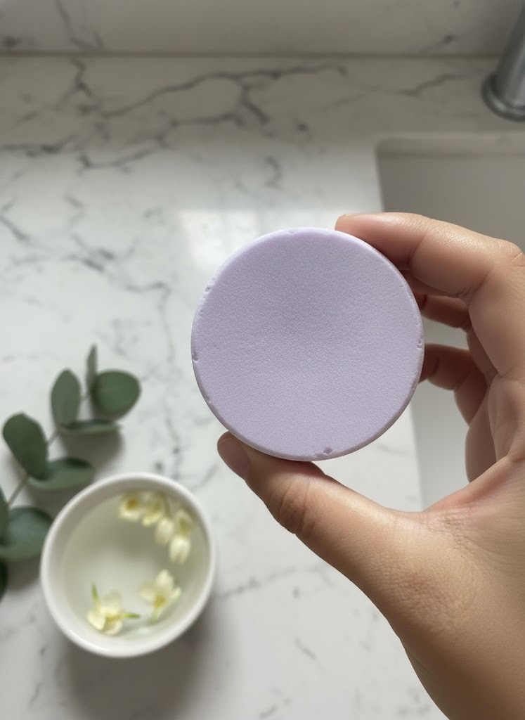 Hand holding a round Lavender and Rosemary Shampoo Bar bar on a marble countertop with a small bowl and plant in the background.