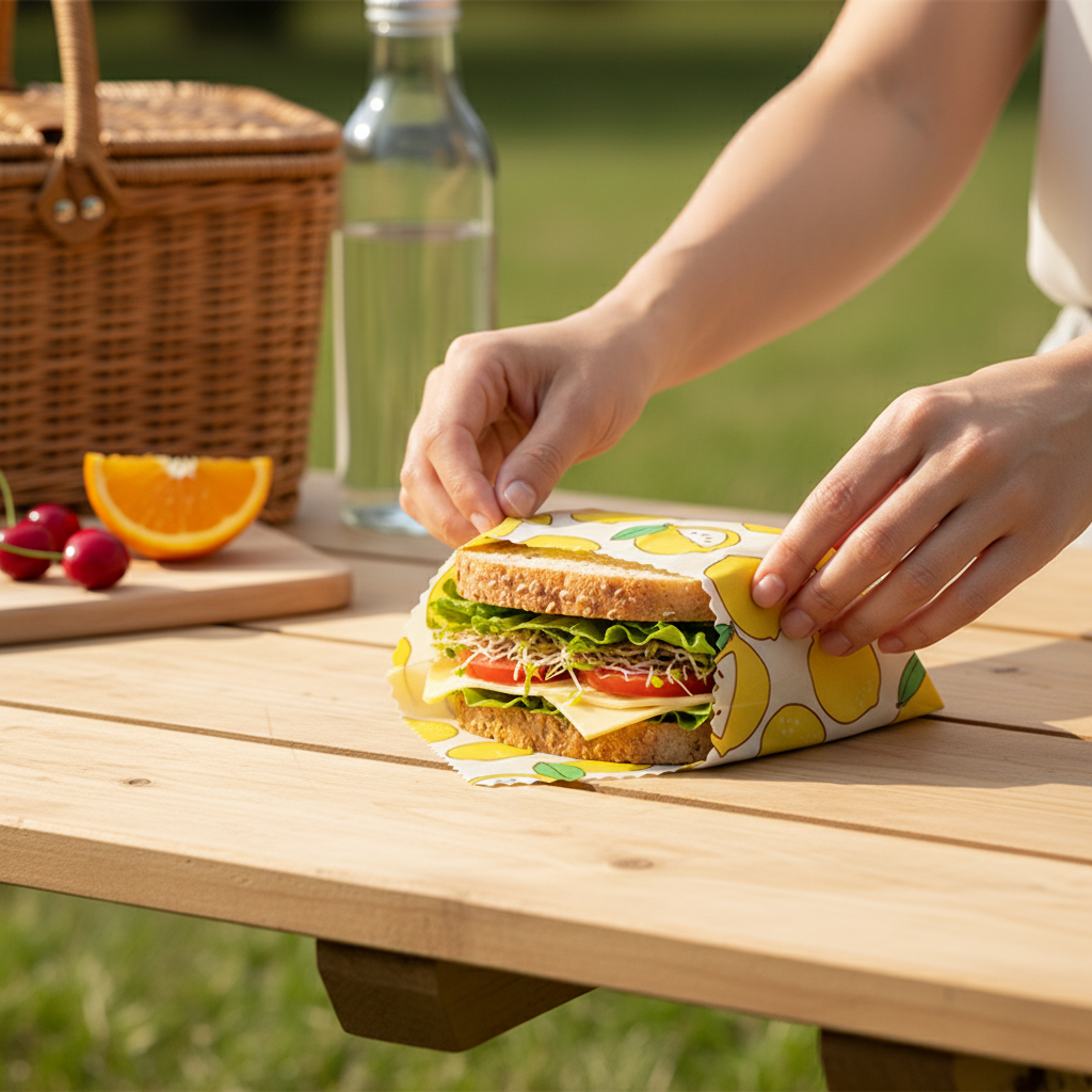Person wrapping a sandwich in a reusable wrap on a picnic table with a basket and fruit in the background.