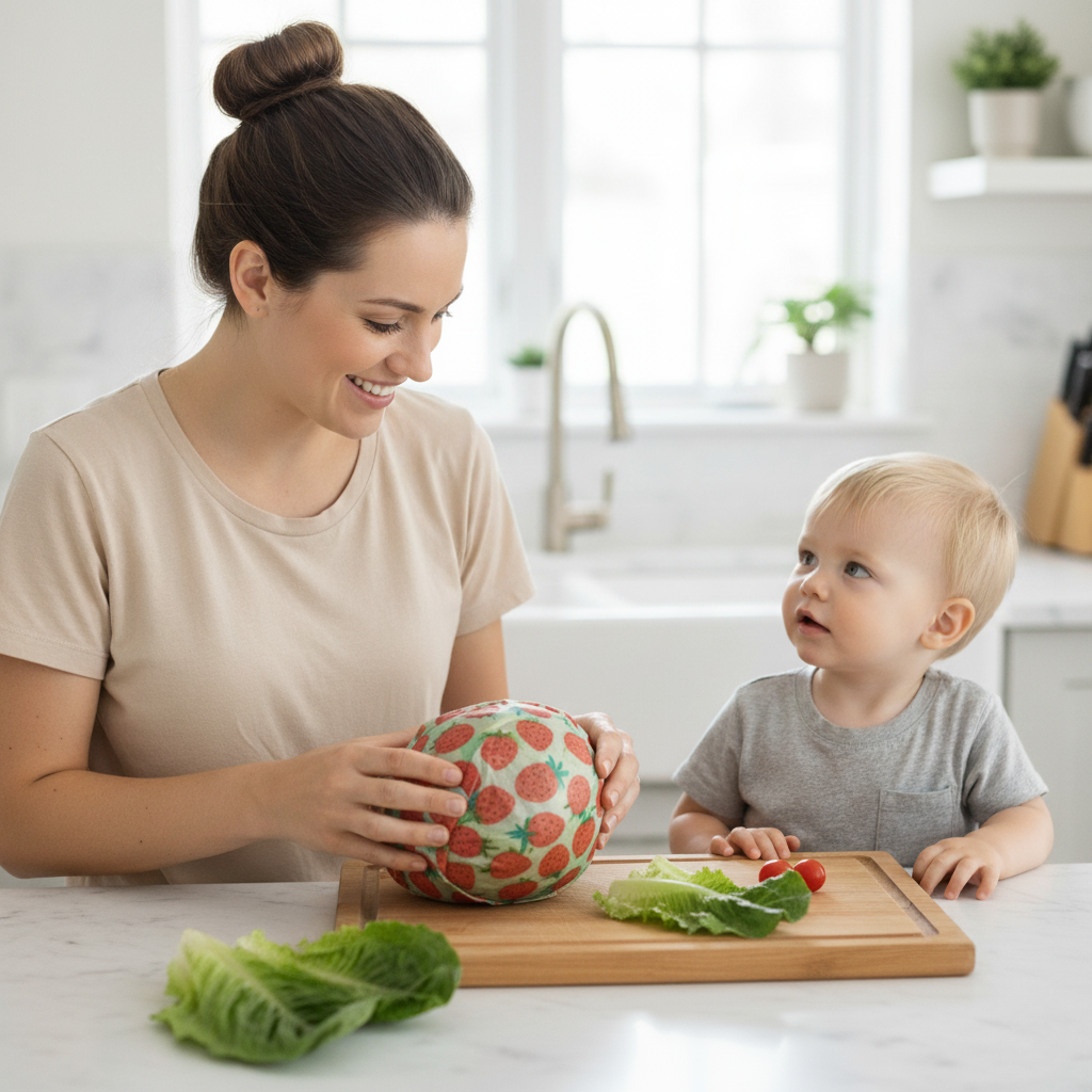 Woman and child in a kitchen, covering food with beeswax wrap featuring strawberry pattern