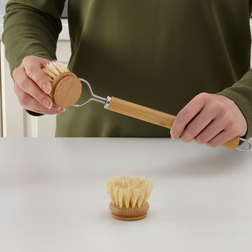 Person holding a wooden dish brush with a white background
