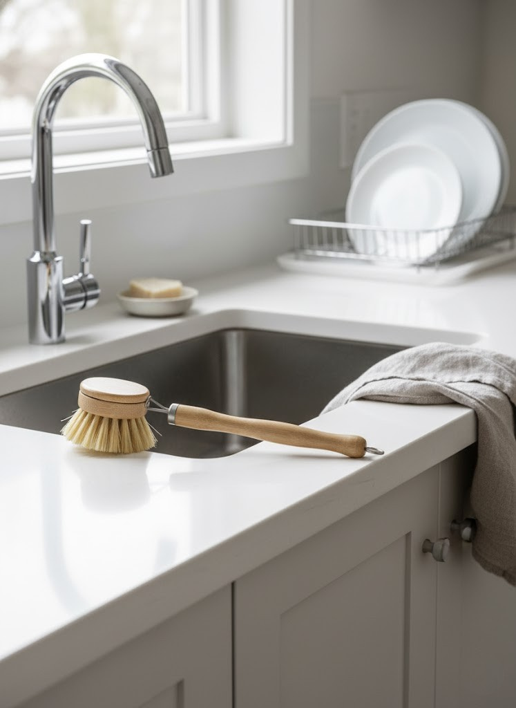 Kitchen sink with dishwashing brush, soap, and dishes on a countertop.