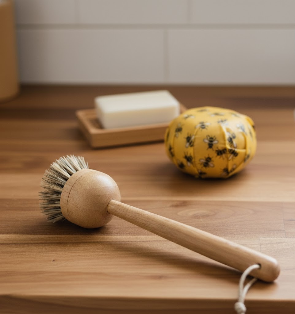 Wooden dish brush on a wooden surface with a yellow sponge and soap bar in the background.