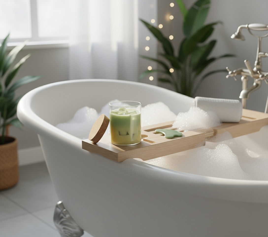 White bathtub filled with bubbles, wooden tray with a matcha lemon candle, and a plant in the background.