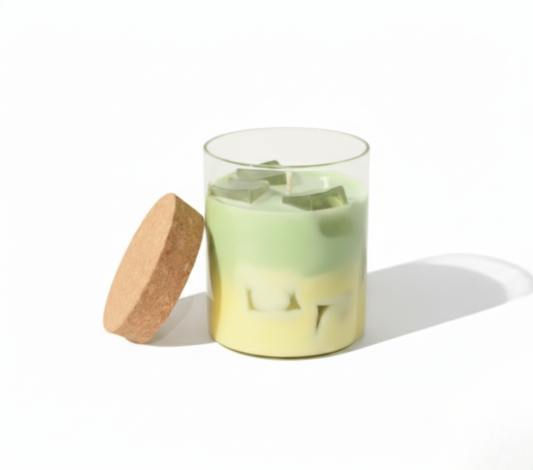 Candle in a glass jar with a wooden lid on a white background