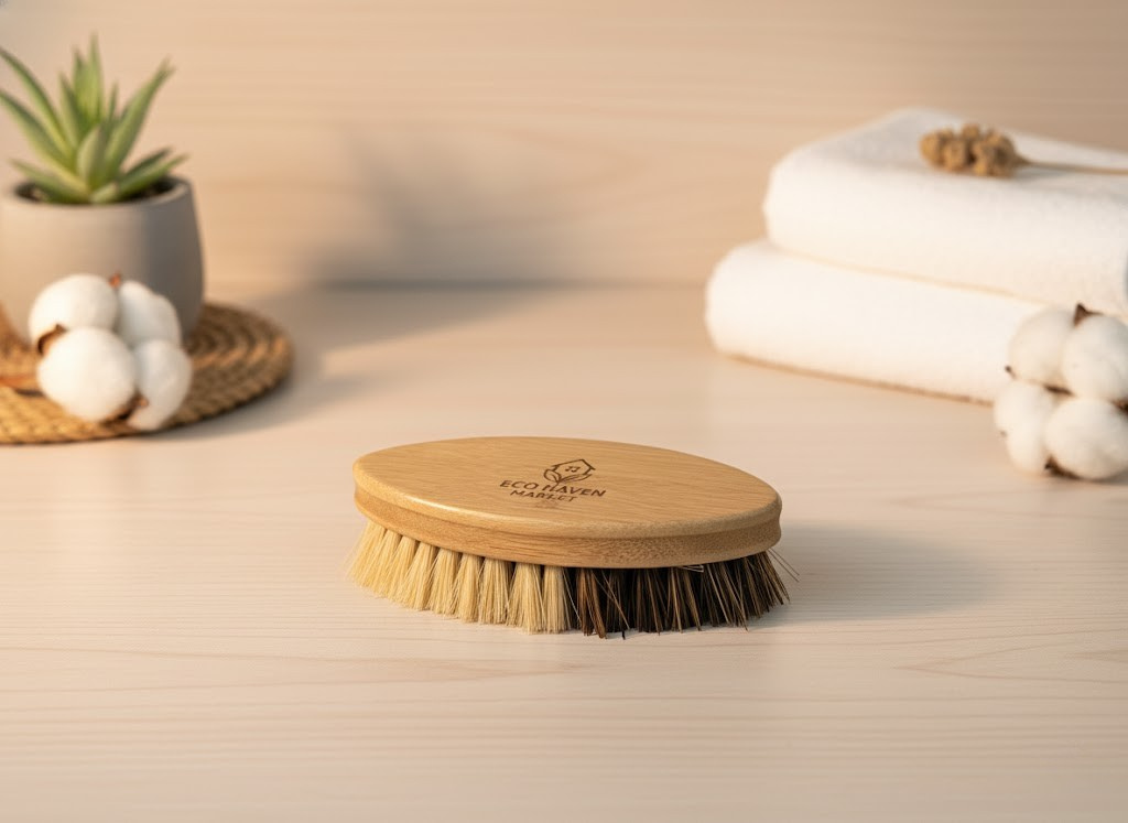 Bamboo brush with bristles on a wooden surface with cotton and a plant in the background