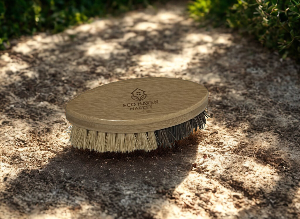 Oval brush with bristles on a textured surface, featuring 'Eco Haven Market' branding.