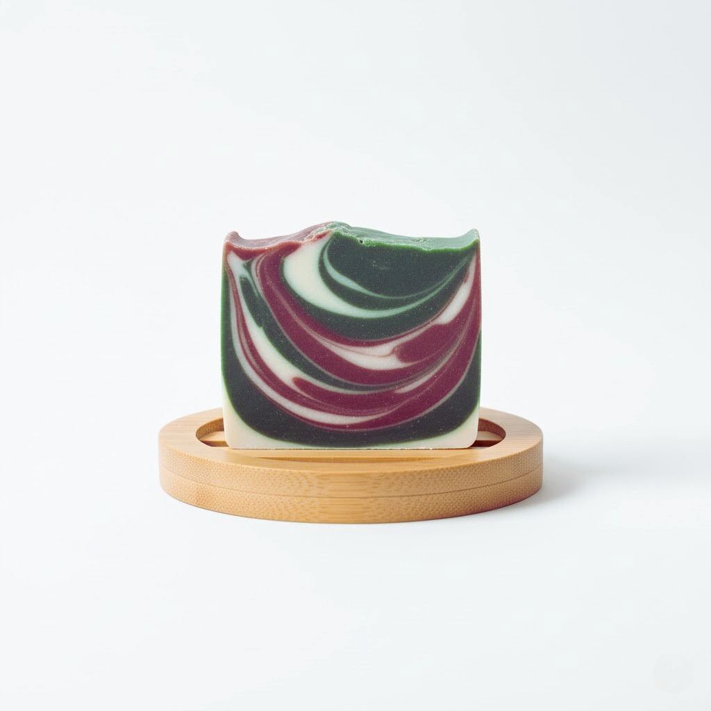 peppermint cloves soap bar on a wooden stand with a white background