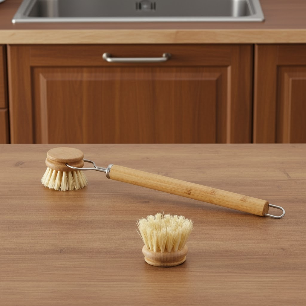 Set of three cleaning brushes on a wooden kitchen counter with a sink in the background.