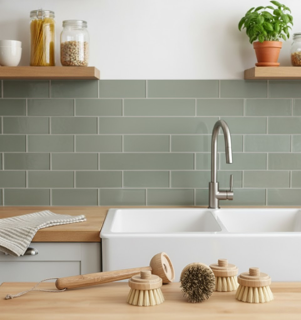 Kitchen with green tiled wall, wooden shelves, and a sink with cleaning brushes on the counter.