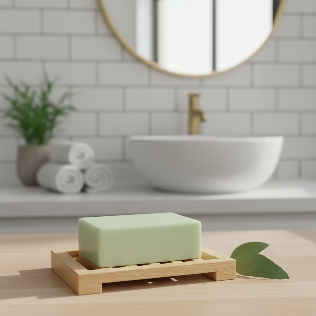 Rosemary Lemongrass bar of soap on a wooden soap dish with a bathroom setting in the background.