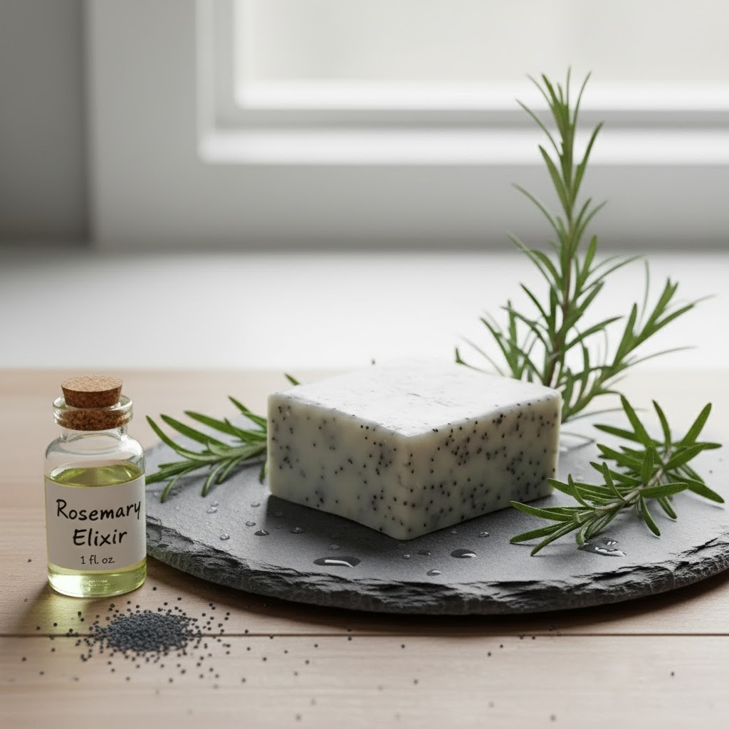 Rosemary Poppy soap with rosemary leaves and a bottle labeled 'Rosemary Elixir' on a slate surface.