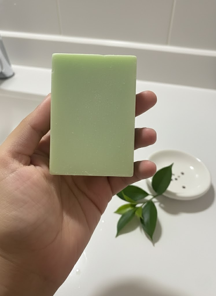 Hand holding a Rosemary Lemongrass bar of soap with a bathroom setting in the background