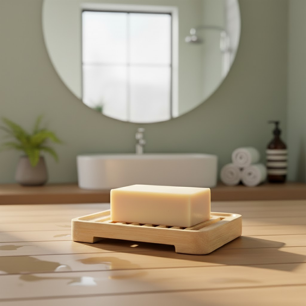 Bar of soap on a wooden soap dish with a blurred bathroom background