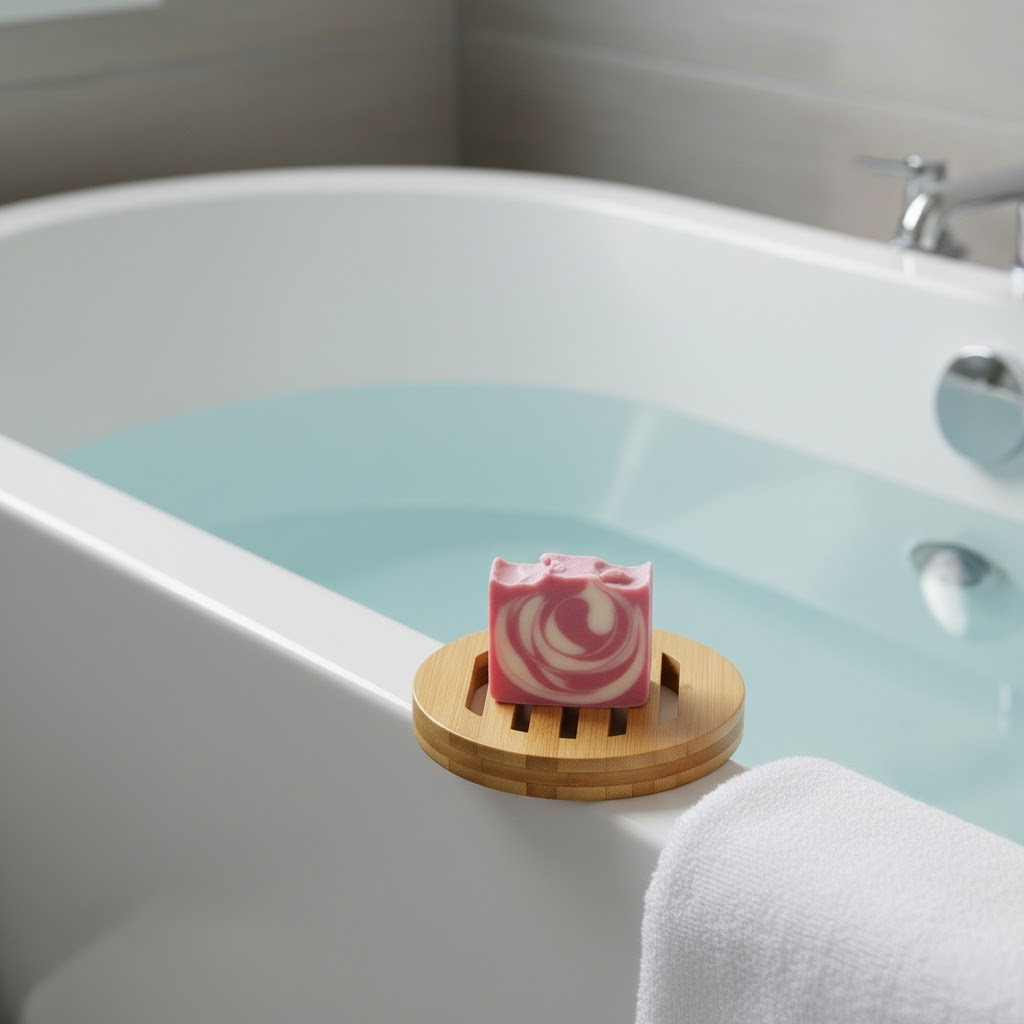 Lavender soap on a wooden soap dish in a bathtub.