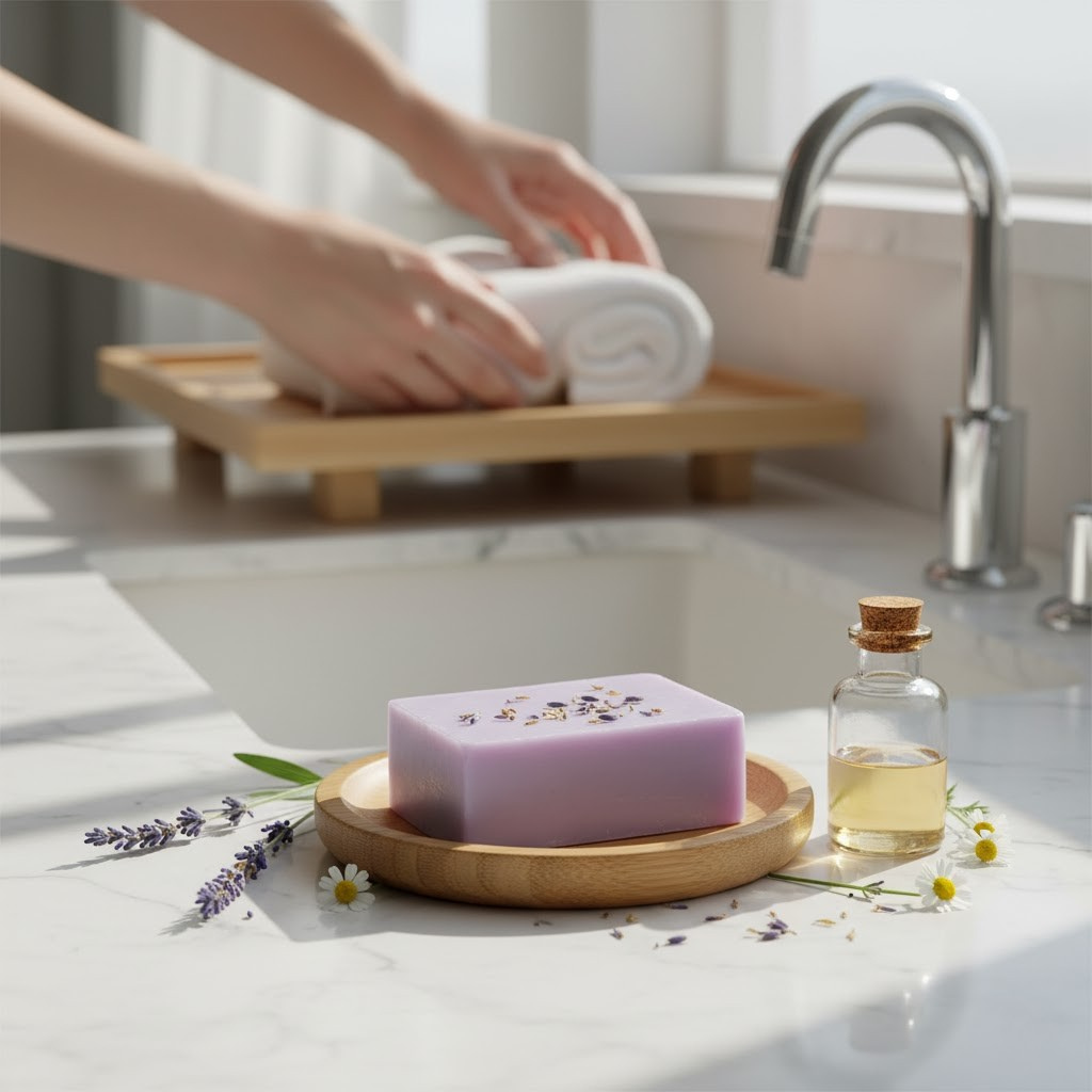 Lavender Chamomile Soap on a wooden dish with lavender and flowers, next to a bottle of liquid soap on a bathroom counter.