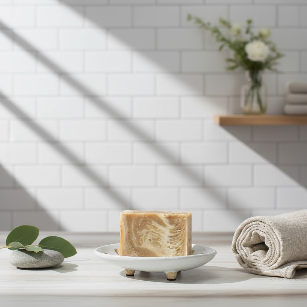 Honey Oat Bar of soap on a white dish with a towel and plant in the background