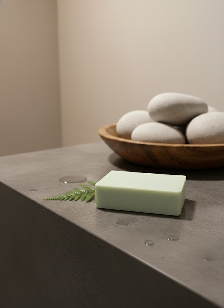 Bar of Rosemary Lemongrass on a concrete surface with a wooden bowl of stones in the background