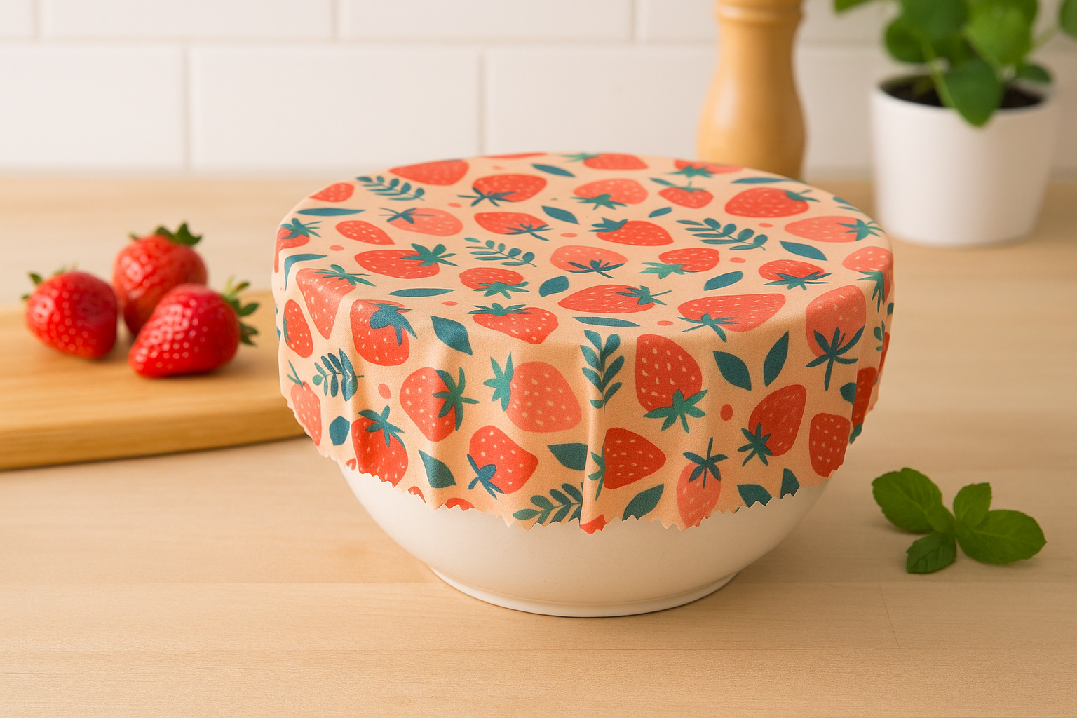 White bowl with a strawberry-patterned beeswax wrap on a wooden surface
