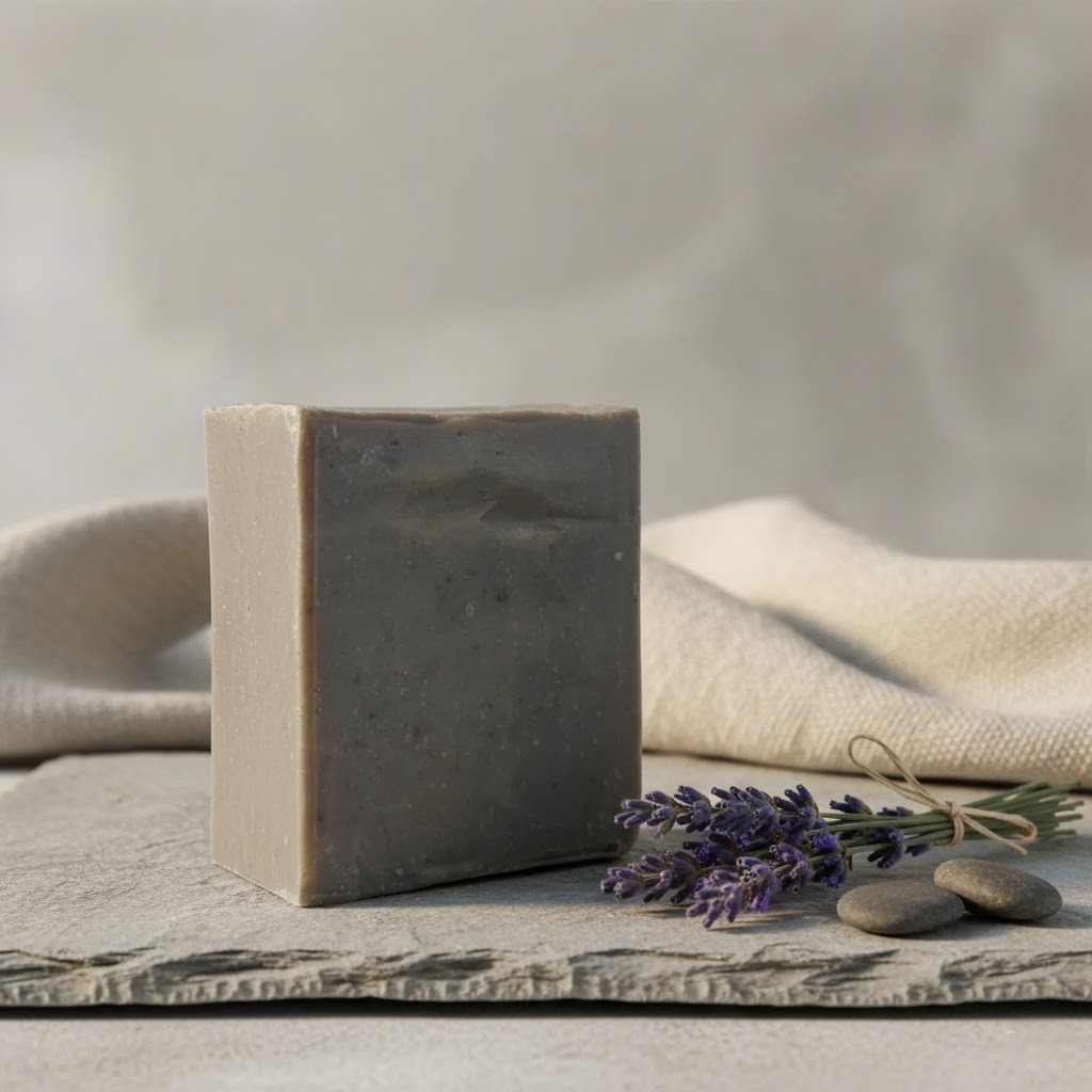 Tea Tree shampoo bar on a stone surface with lavender and stones