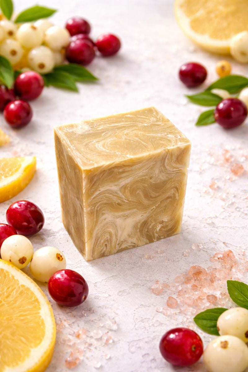 Made in Canada soap with marbled pattern surrounded by cranberries, lemons, and sea salt on a light surface