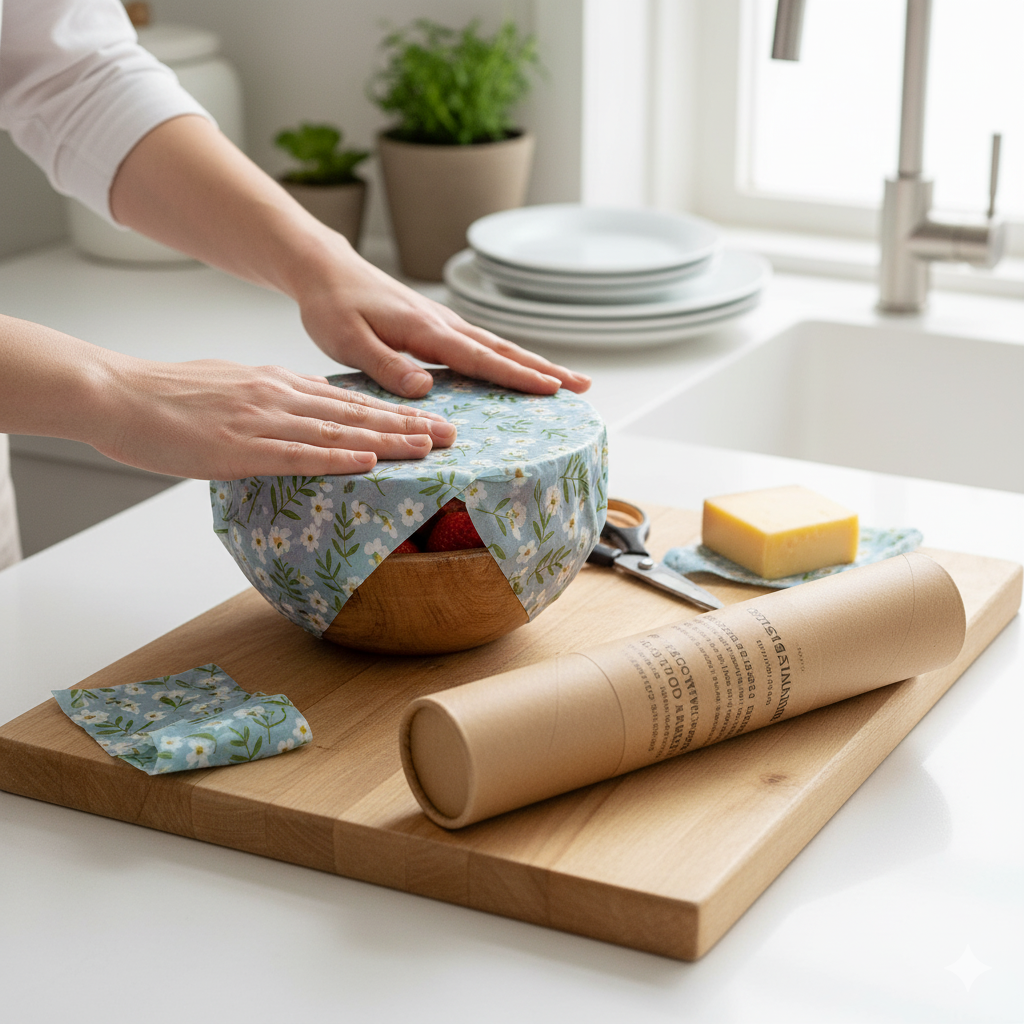 Person using a floral-patterned wrap on a wooden bowl with a roll of paper wrap on a cutting board.