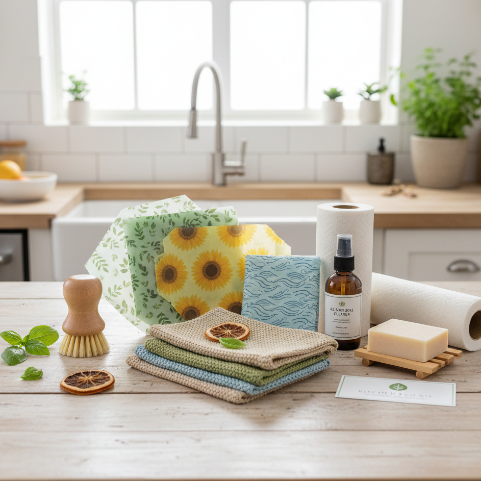 Kitchen counter with eco-friendly cleaning products and reusable items.