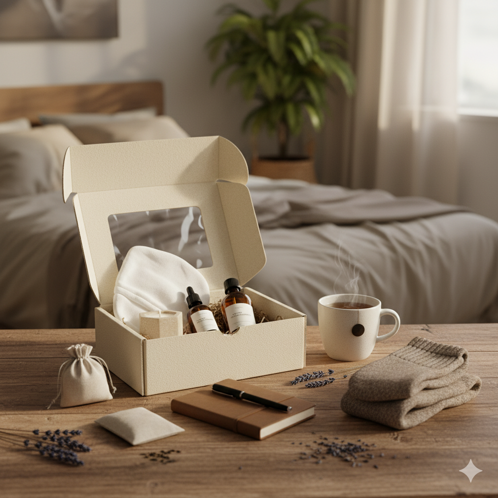 Open box with skincare products on a wooden table in a bedroom setting