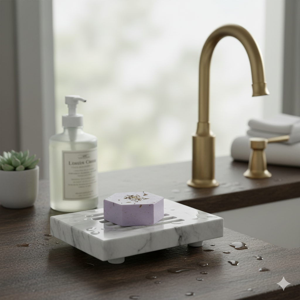 Bathroom setting with a marble soap dish, soap, and bottle of liquid soap on a wooden surface.